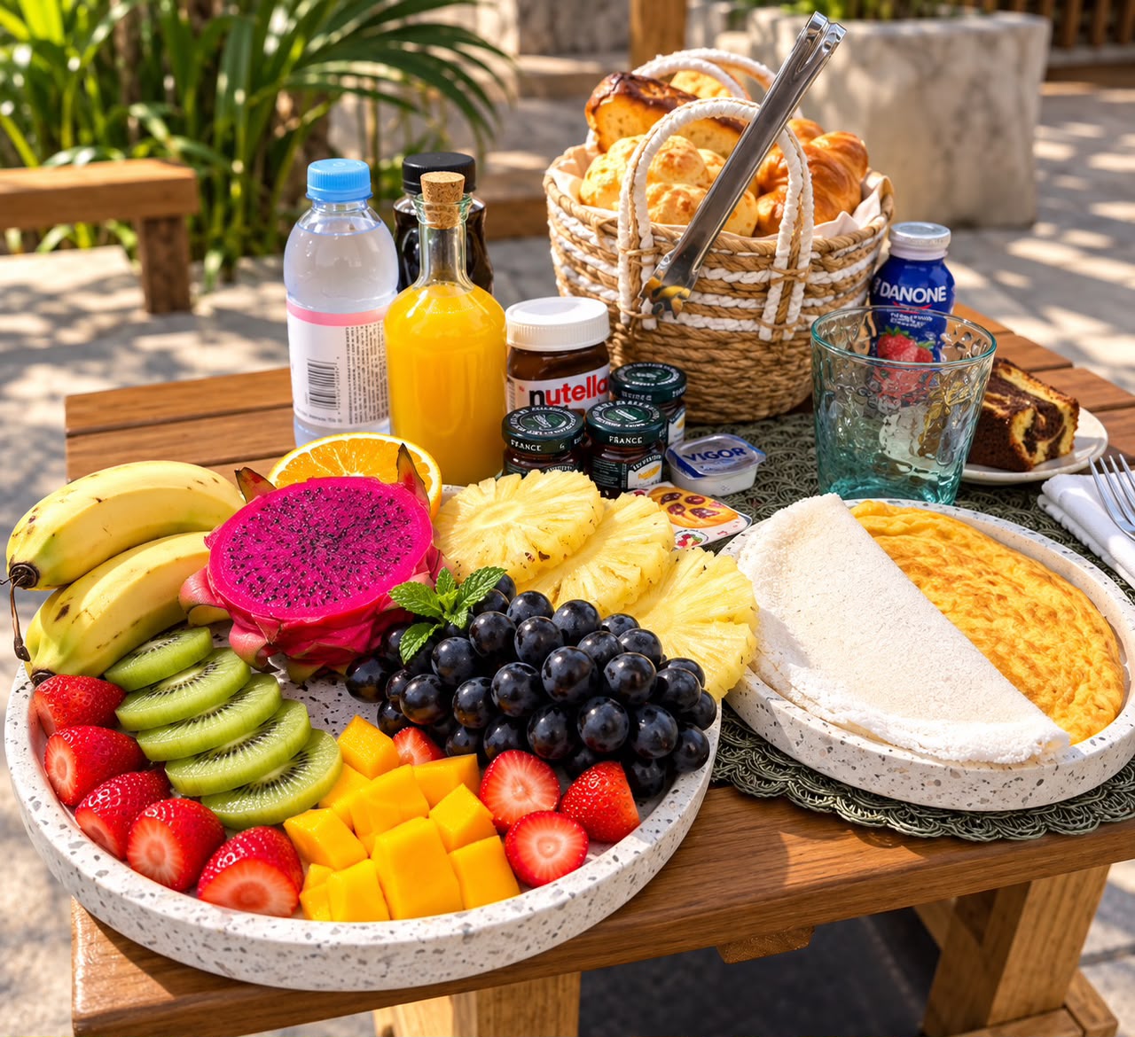 Café da manhã com cuscuz, tapioca e frutas da região