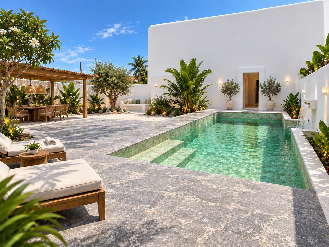 Piscina com espreguiçadeiras, pergolado e jardim